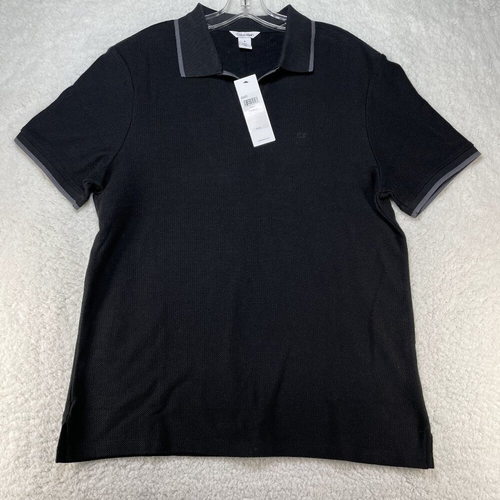Calvin Klein Polo Shirt Mens M Black Embroidered Woven Knit Short Sleeve NWT